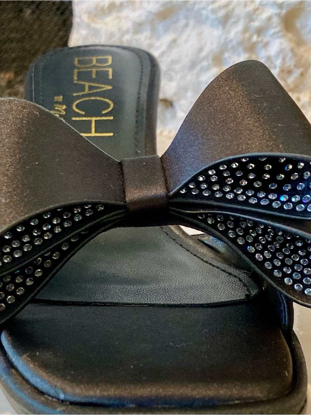 Matisse Black Satin Bow Kitten Heel Mules with Crystal Accent - Picture 4 of 16